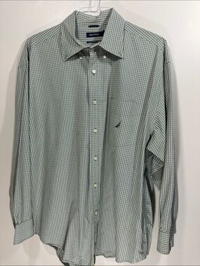 Nautica Men’s Green Check Button-Down Dress Shirt 80’s two ply cotton XL